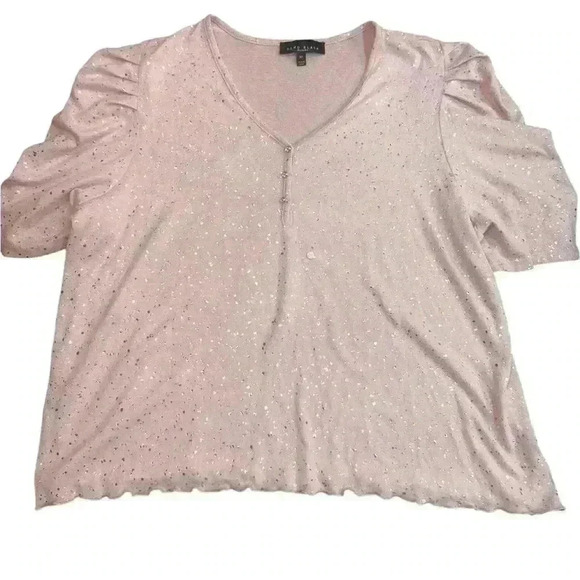 Como Black Women's 1X Pink Silver Speckled Puff Sleeve V-Neck Top - Picture 2 of 8